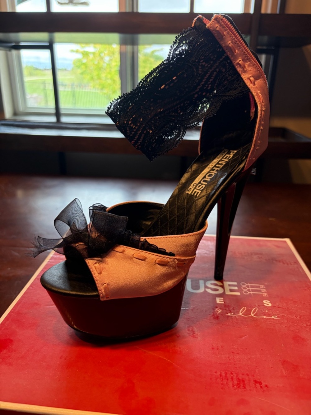 Penthouse by Ellie Shoes Pink Satin Platform Heels with Black Lace Ankle Cuff